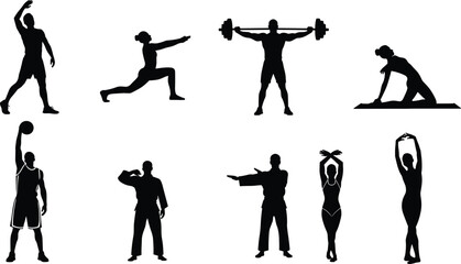 Silhouette athletes performing fitness, yoga, weightlifting, martial arts, basketball, dance, bodybuilding, exercise poses, sport activity, vector illustration