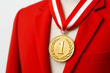 Gold medal with number one hanging from red ribbon on formal attire display