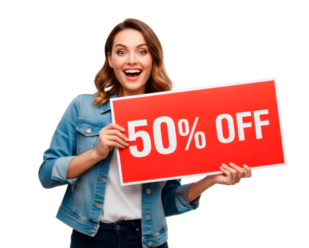 50% off Back friday sale excited woman holding a 50 percent off sign isolated on transparent background