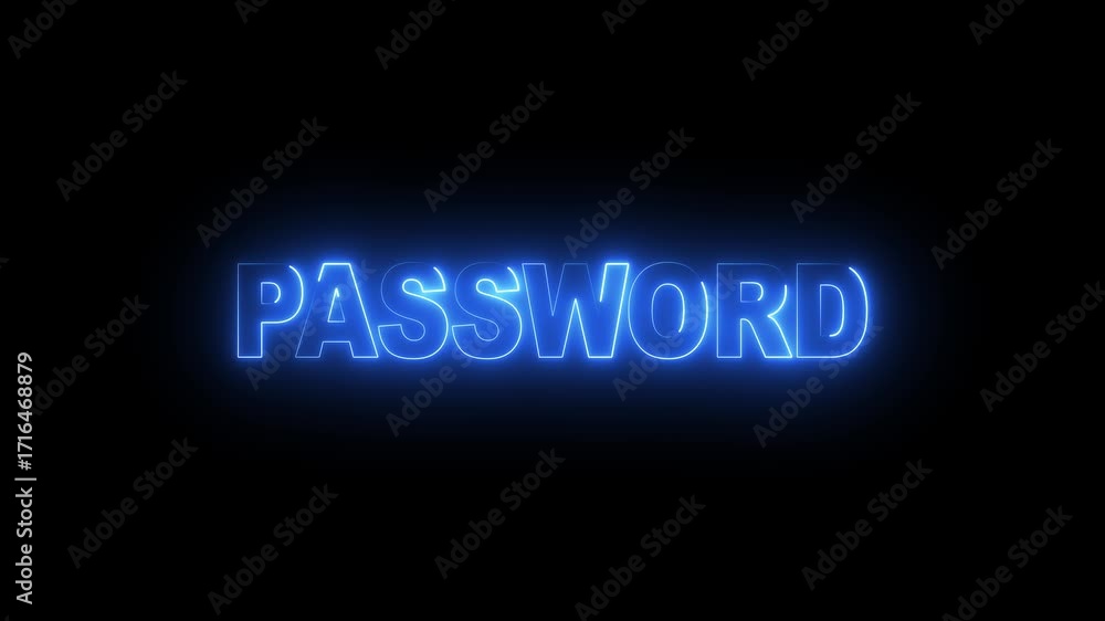 Poster glowing neon password text icon animation video. password neon text animation on black background fo