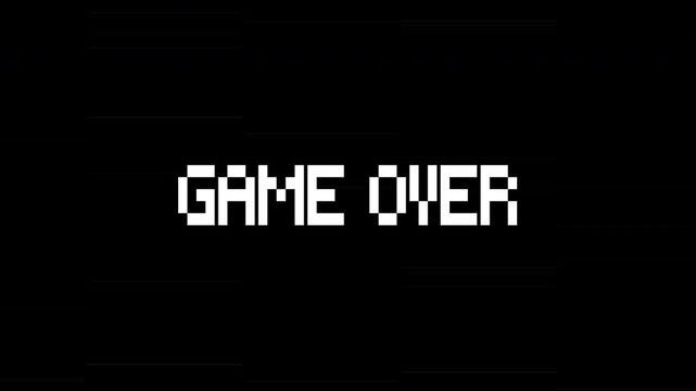 Game over. 8-bit pixel text animation with dynamic glitch distortion effect. 4k video.