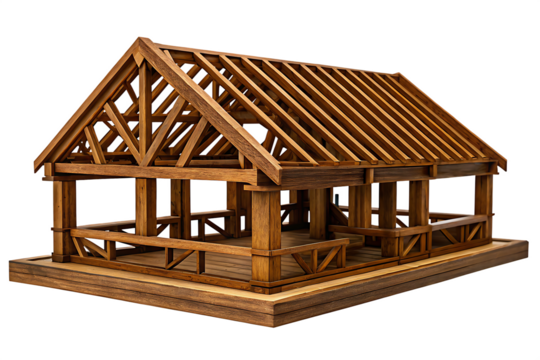 Wooden Model of an Open- Air Pavilion with Intricate Framing structure building isolated on a transparent background