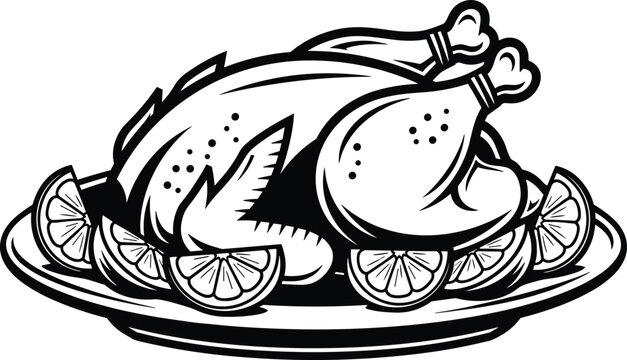 black and white roasted chicken with lemons clip art preview