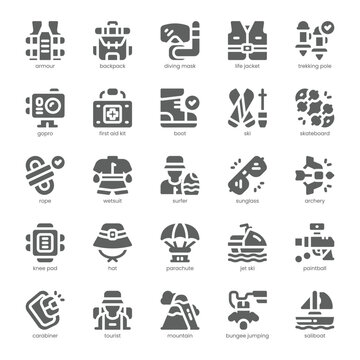 Adventure Sport Icon pack for your website, mobile, presentation, and logo design. Adventure Sport Icon solid design. Vector graphics illustration and editable stroke.