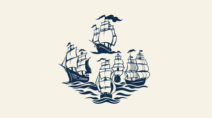 Vintage style graphic design of four sailing ships on water, arranged in a circular pattern. © nevermind