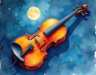 Fototapeta premium Dreamy Watercolor Violin Under Moonlight