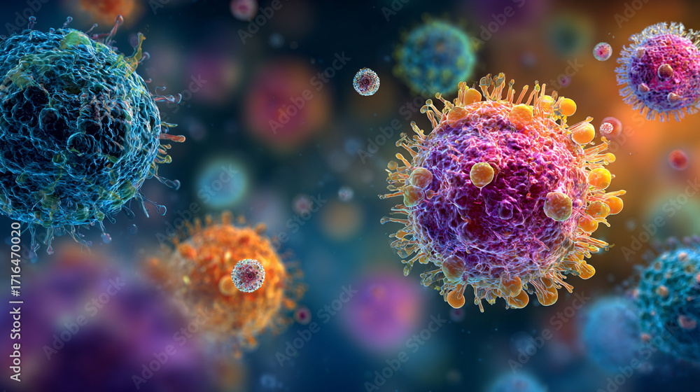 Poster microscopic view of colorful viruses or cells a detailed look at their structure and complex forms