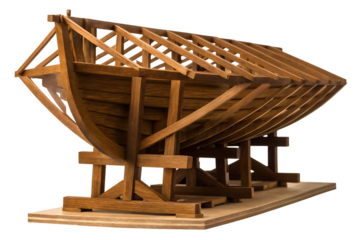 Wooden Model of a Ship Under Construction on a Support Stand boat vessel isolated on a transparent background