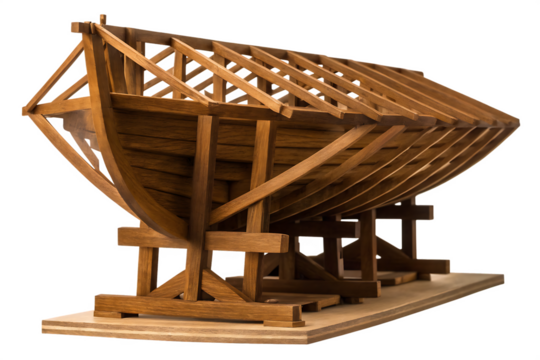 Wooden Model of a Ship Under Construction on a Support Stand boat vessel isolated on a transparent background