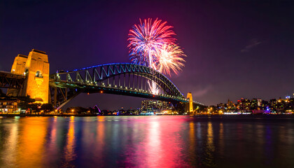 Obraz premium Fireworks Over Iconic Bridge at Night