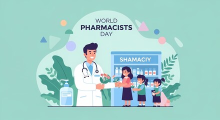 World Pharmacists Day Illustration Doctor, Children, Pharmacy. Health Care Concept