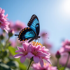 Vibrant butterfly with striking blue wings rests pink flower, surrounded by colorful garden. scene captures beauty of nature and delicate balance