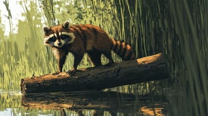 Raccoon on log in marsh