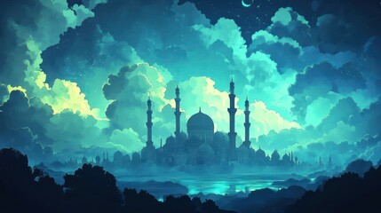 Mystical night mosque landscape