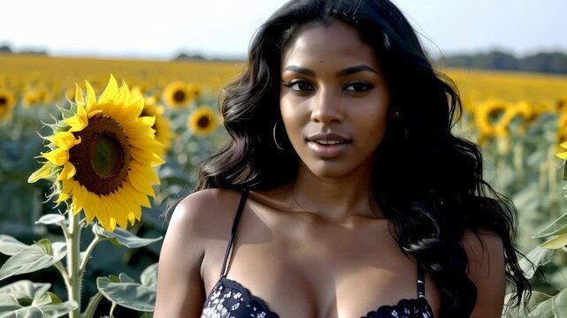 Femme africaine dans un champ de tournesol