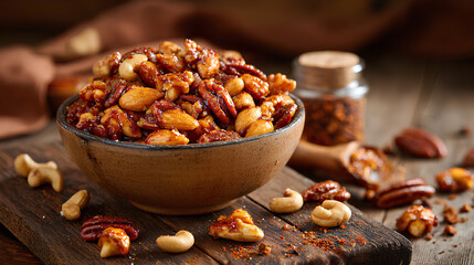 BBQ candied nuts with almonds cashews pecans and walnuts coated in smoky spiced caramel served in rustic ceramic bowl on wooden table