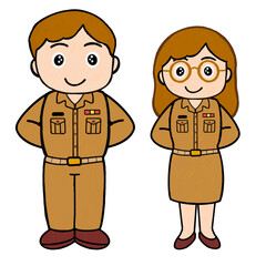 Cute Thai government officers illustration of a man and woman in khaki uniform standing with hands behind back. Ideal for educational projects, cultural materials, and official themed designs.