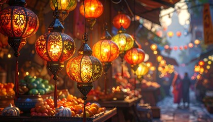 Colorful lanterns illuminate a bustling market street at dusk, showcasing warm hues and intricate patterns.