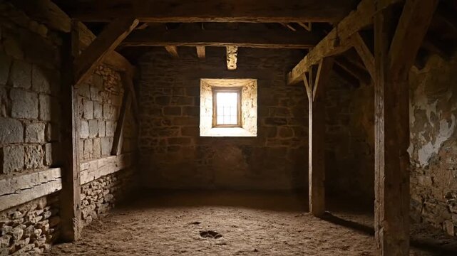 Atmospheric Old Stone Room Interior with Sunlight Streaming Through a Window Featuring Rustic Wooden Beams and an Earth Floor in an Abandoned Historic Building