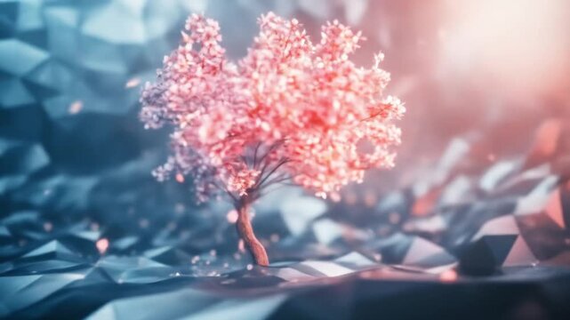Dreamy Cherry Blossom Tree Scene with Artistic Low Poly Landscape Animation
