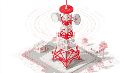Telecommunication tower emitting wireless signals near a small house and trees