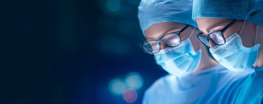 Two women surgeons wearing medical masks and caps. Professional doctor in operating theater. Healthcare technology and innovation. - Powered by Adobe