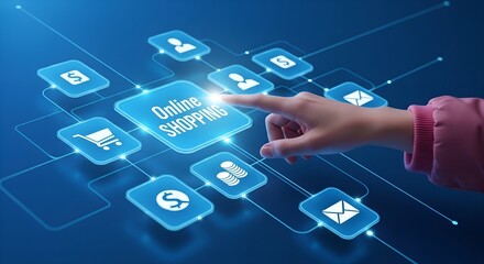 Hand interacting with glowing digital interface showing online shopping and business icons