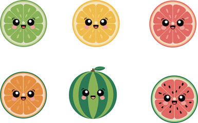 Cute kawaii fruit characters, smiling citrus slices, watermelon and orange faces, cartoon food, playful design, vector illustration, fun fruit icons, happy fruits, colorful kawaii art