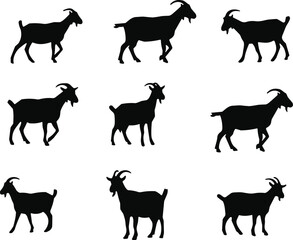Goat silhouette set, black animal outline, farm animal vector, livestock icon, rural design, nature illustration, goat collection, simple graphic, wildlife symbol, agriculture art