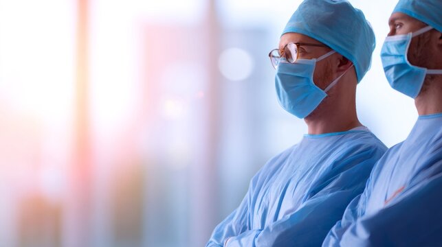 Two men, medical workers, wearing blue surgical gowns, masks and caps, standing ready for surgery. Healthcare professional team.