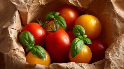 Fresh red and yellow tomatoes with basil in a brown paper bag