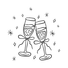 Couple of champagne glasses with bows. Minimalist line art in Trendy coquette core
 Suitable elements for posters, social media, banners, invitation, cards.  doodle vector illustration