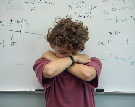 A young student with curly hair hugs himself in front of a whiteboard covered in complex mathematical equations. - Powered by Adobe
