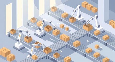 Automated Production Line with Robotic Arms and Conveyor Belts Illustration