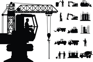 Construction, Machinery, Worker, Crane, Excavator, Bulldozer, Silhouette, Labor, Manual, Grid, Blackwhite, Equipment, Task, Structure, Industrial, Dumptruck, Framework, Cement, Survey, Operation