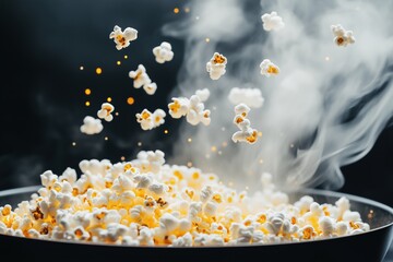 A close-up of popcorn exploding from a hot pan, steam rising as kernels pop with copy space. Soft moody lighting. Home kitchen background.
