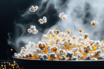 Close-up of popcorn exploding from a hot pan, steam rising as the kernels pop, with copy space. Soft dim lighting, dark background.