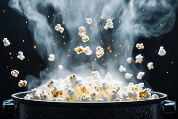 Close-up of popcorn exploding from a hot pan, steam rising as the kernels pop, with copy space. Soft dim lighting, dark background.