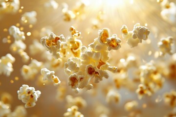 Fresh popcorn popping out of a metal popcorn machine, golden kernels flying in the air with copy space. Bright warm lighting. Movie snack background.