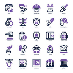 Law and Justice Icon pack for your website, mobile, presentation, and logo design. Law and Justice Icon dual tone design. Vector graphics illustration and editable stroke.