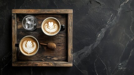 Latte art display on wooden tray