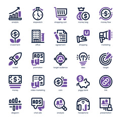 Marketing and Business Icon pack for your website, mobile, presentation, and logo design. Marketing and Business Icon dual tone design. Vector graphics illustration and editable stroke.