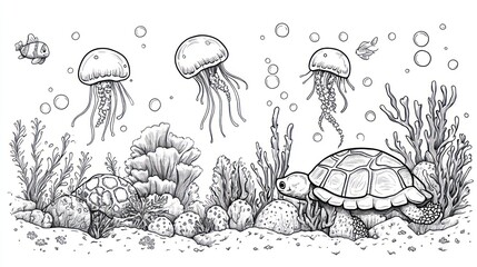 Ocean floor illustration with jellyfish and turtles