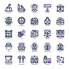Mountain Adventures Icon pack for your website, mobile, presentation, and logo design. Mountain Adventures Icon dual tone design. Vector graphics illustration and editable stroke.