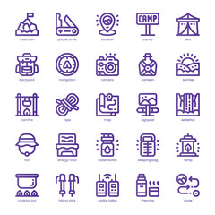 Mountain Adventures Icon pack for your website, mobile, presentation, and logo design. Mountain Adventures Icon line basic color design. Vector graphics illustration and editable stroke.