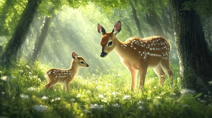 Doe and fawn in forest sunlight