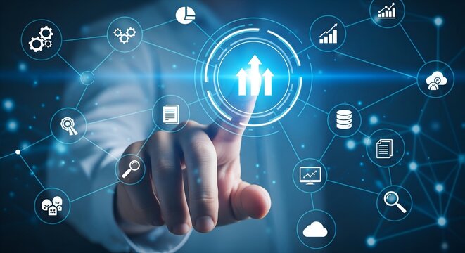 Hand touching glowing futuristic interface with human icon and digital network connections