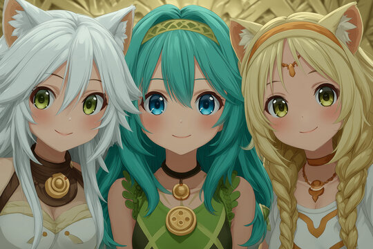 Anime kawaii chibi fantasy goddess trio with cat ears illustration