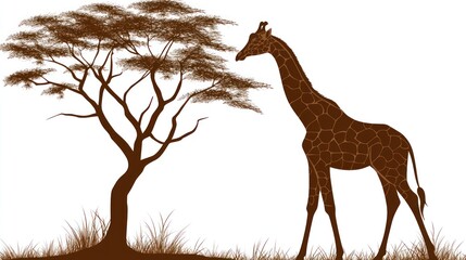 Giraffe and acacia tree silhouette