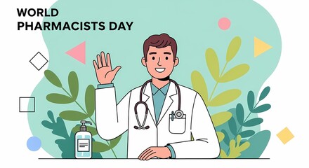 World Pharmacists Day: Cartoon Pharmacist Waving Hand, Sanitizer Illustration
